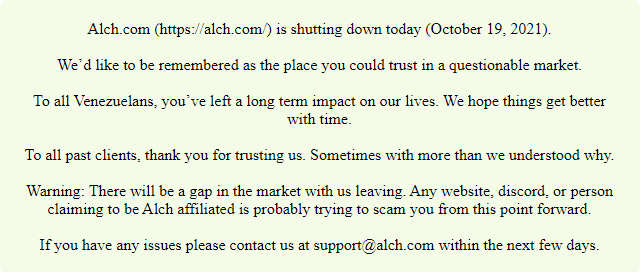 Alch.com shut down message